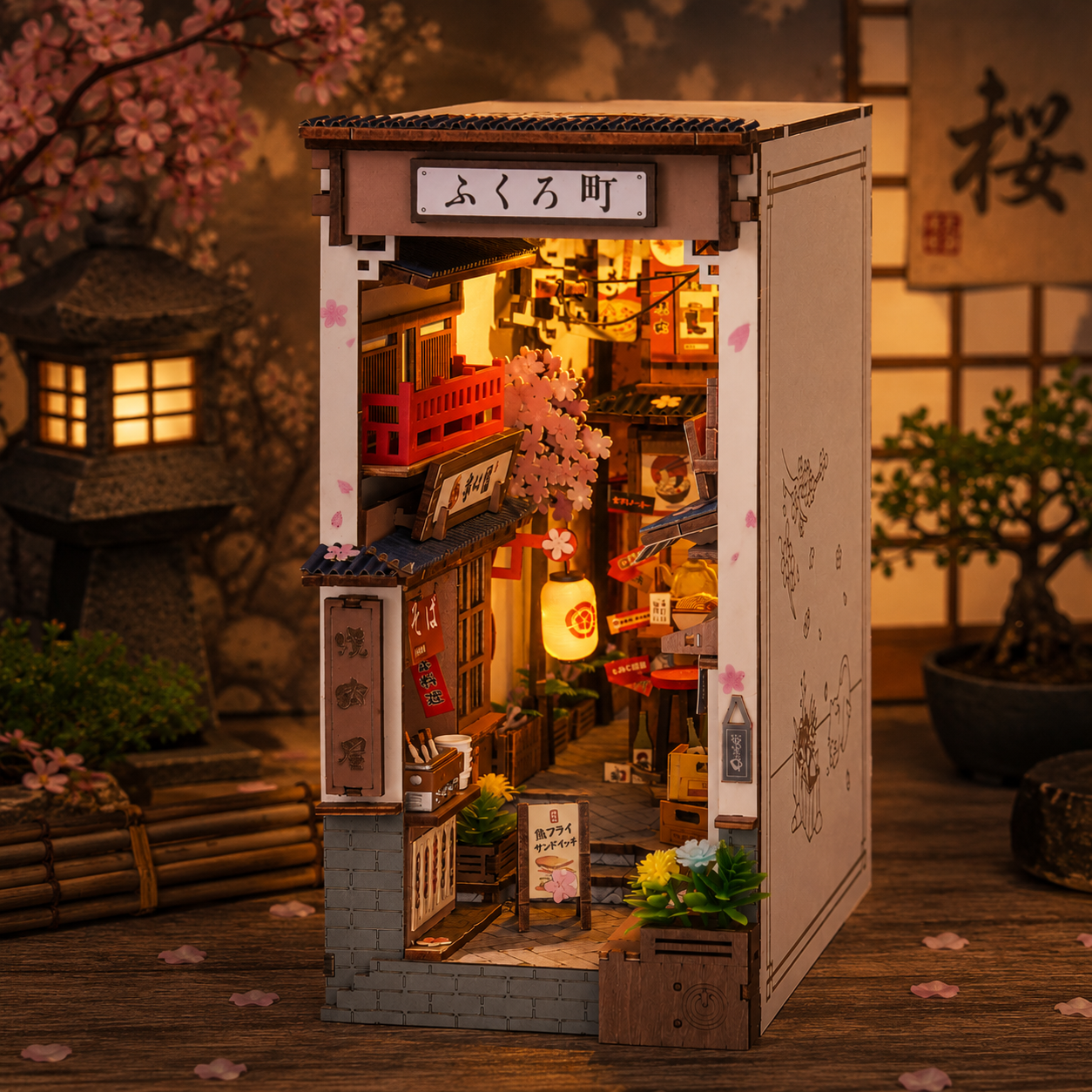 Book Nook Kit Ruelle de Kyoto - maquette miniature japonaise en bois avec lanternes LED