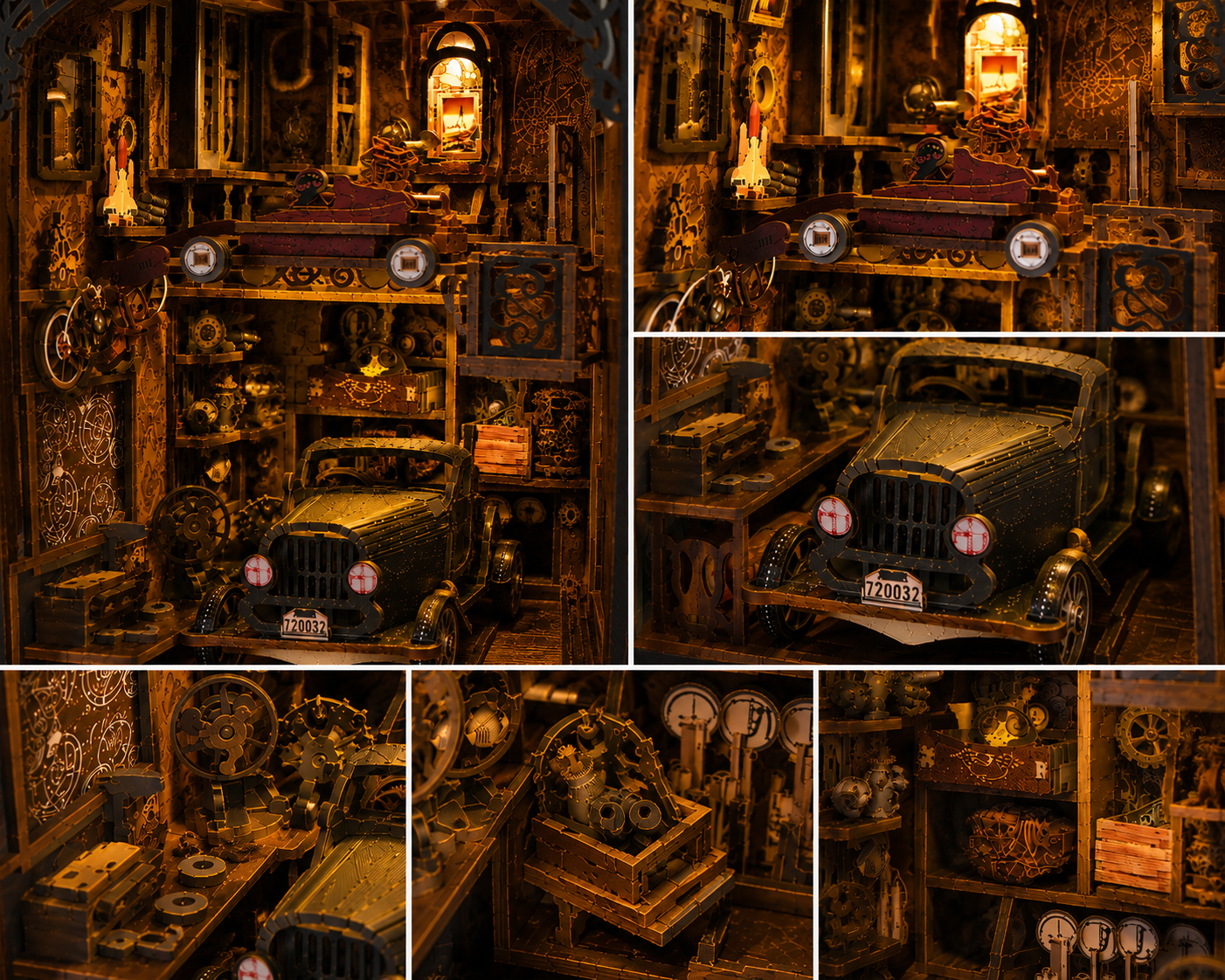 Book Nook Kit Garage Steampunk - rendu final du diorama dans une bibliothèque