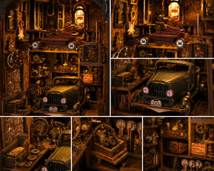 Book Nook Kit Garage Steampunk - rendu final du diorama dans une bibliothèque