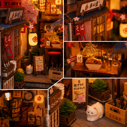 Book Nook Kit Ruelle de Kyoto - détail des cerisiers en fleurs et de la ruelle illuminée