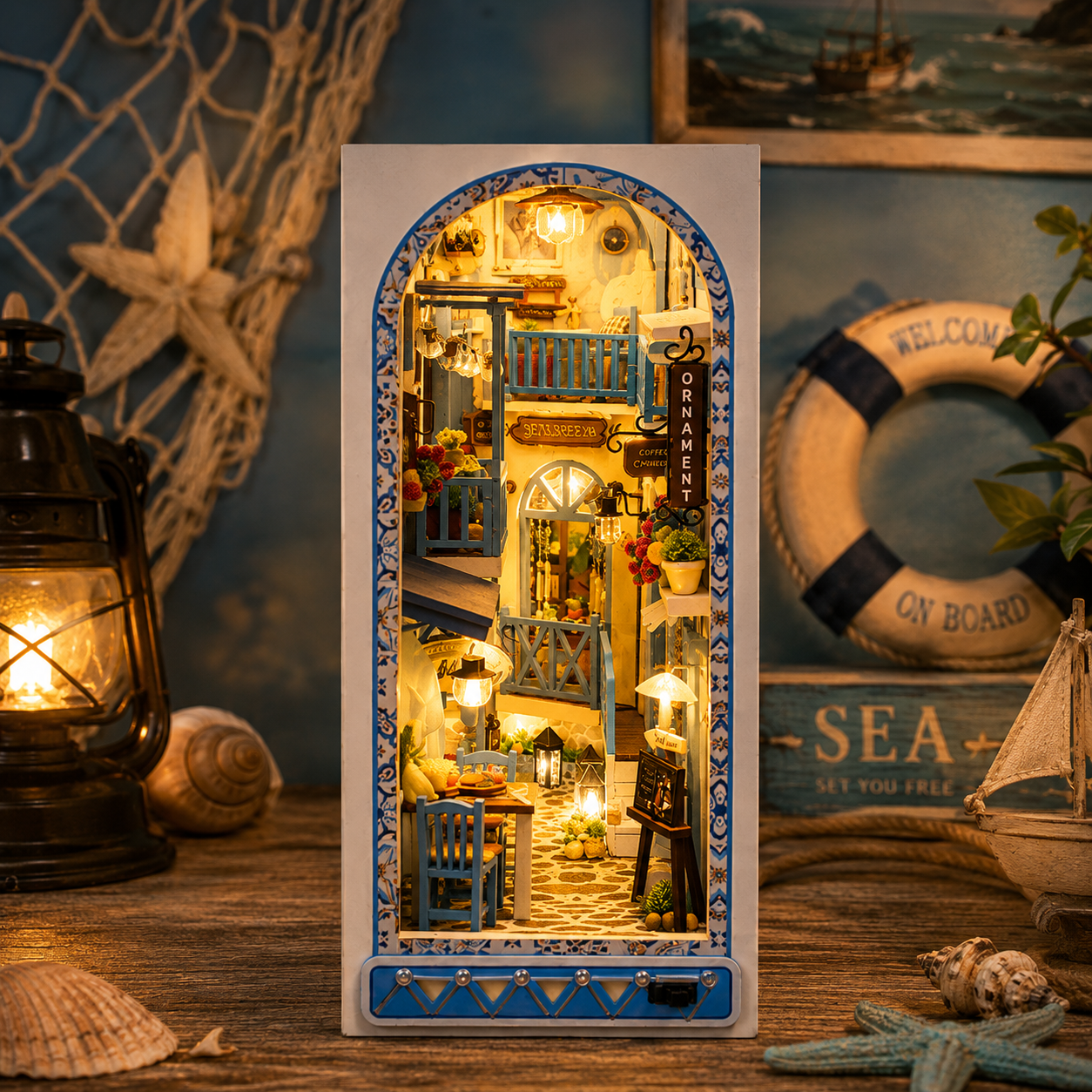 Book Nook Kit Sea Breeze Grèce - maquette miniature de ruelle grecque en bois avec LED